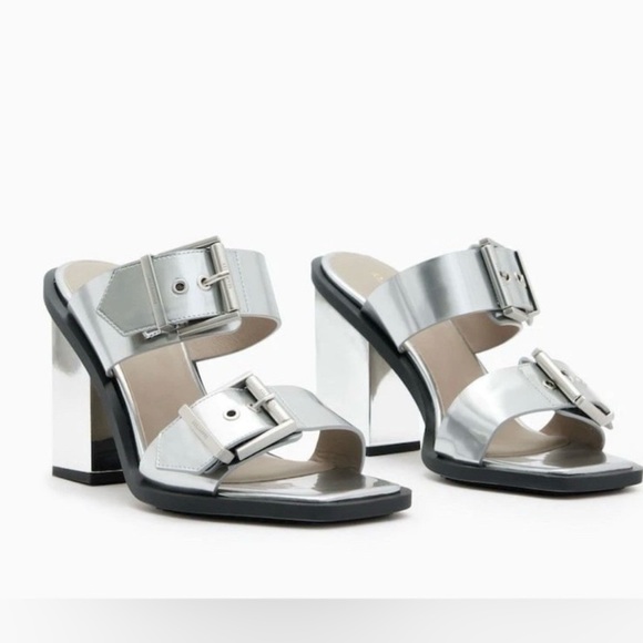 All Saints Shoes - AllSaints Camille Silver Chrome Mirror Block Heel Sandals Sz 36 NIB